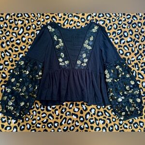 Anthropologie Black Bell Sleeve Blouse with Gold Sequins
